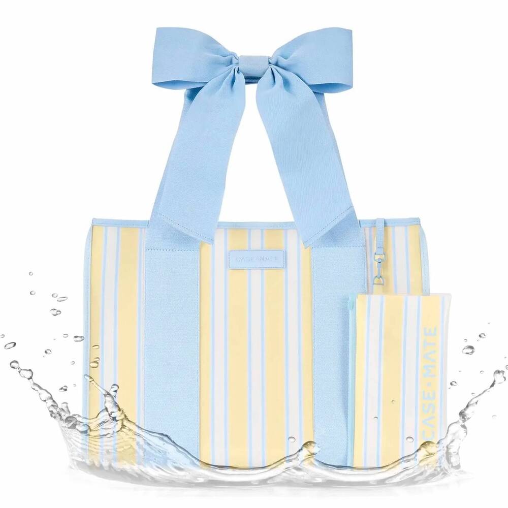 NEW CASE-MATE women's cabana stripe bow jelly tote bag in blue yellow